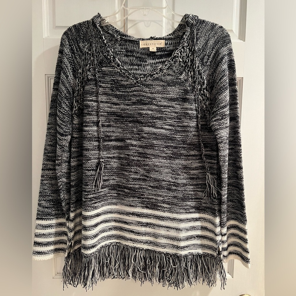 Love Stitch Fringed Sweater with Hoodie Size Medium